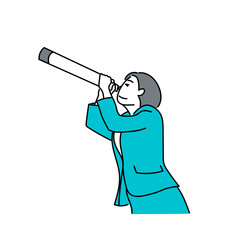 望遠鏡を手に未来を見通す女性ビジネスパーソンを描いたベクターイラスト｜戦略や計画を象徴するシンプルな表現の白背景人物素材