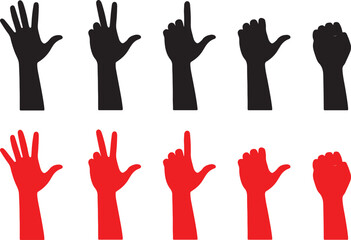 hand, silhouette, gesture, number, counting, fingers, open hand, fist, pointing, red, black, human, body part, communication, symbol, sign, isolated, white background, set, collection, opposition, con