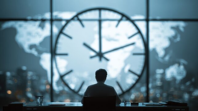 A person sits at a desk facing a large clock with a world map backdrop, symbolizing global time management and focus.