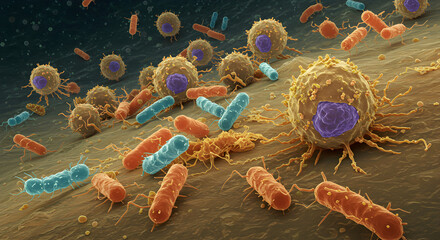 Microscopic view of immune system cells and bacteria on a biological surface, illustrating cellular interaction and microbial life.