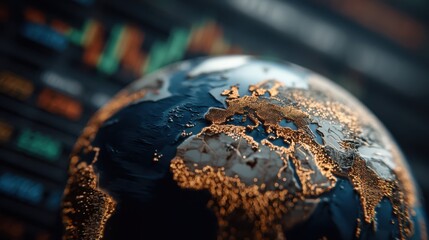 A close-up of a digital globe focusing on Europe and Africa, with glowing city lights and blurred data charts in the background.