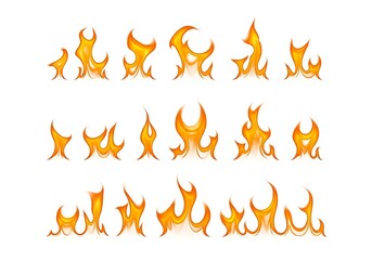 Collection of stylized fire flames isolated on white background