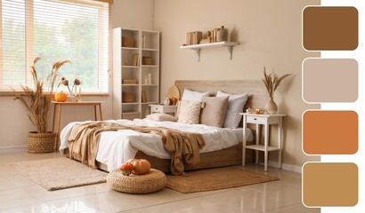 Interior of modern bedroom with comfortable bed, bedside tables and pumpkins. Different color patterns