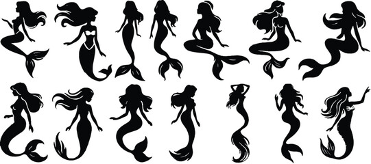 mermaid, silhouette, fantasy, mythical, creature, female, woman, tail, ocean, sea, underwater, magic, legend, collection, set, graphic, design, element, icon, black, white, isolated, drawing, sketch, 
