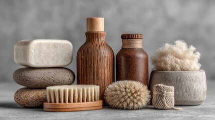 A collection of natural spa and bath items including soaps, wooden bottles, brushes, and exfoliating fibers arranged on a neutral surface.