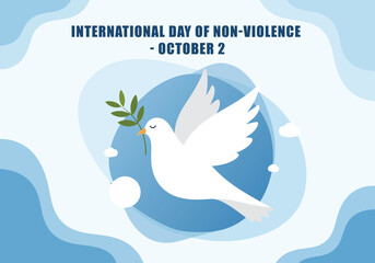 vector illustration of a white dove with an olive branch flying in a blue sky for an International Day of Non-Violence poster.