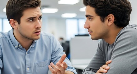 Two Young Men Having Serious Discussion in Office Depicting Problem Solving and Team Communication
