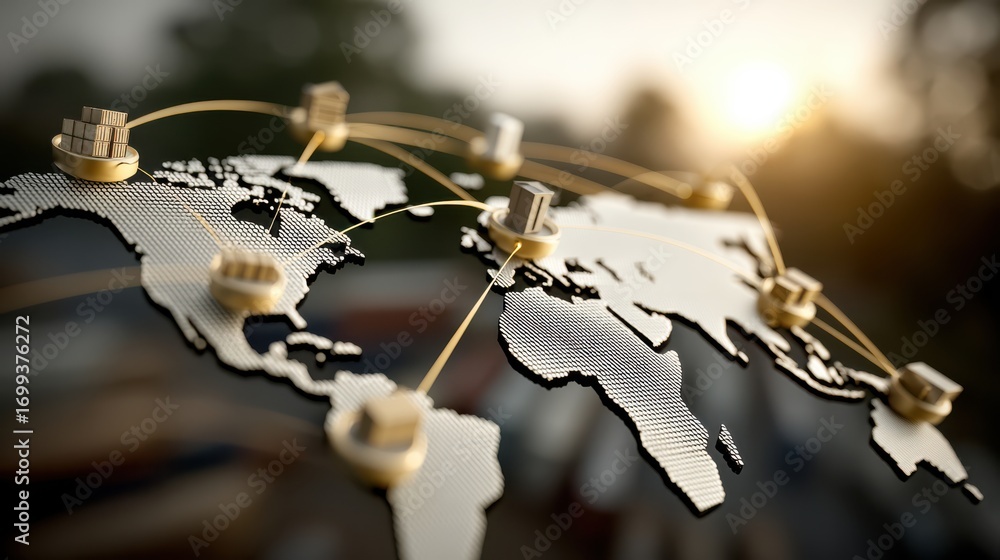 Poster a digital globe with interconnected gold nodes representing global communication and networking acro