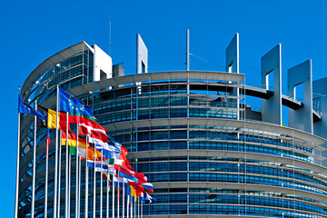 The Louise Weiss Building European Parliament Headquarters Strasburg France Majestic Architecture Symbolizing European Unity and International Diplomacy Under a Clear Blue Sky	
