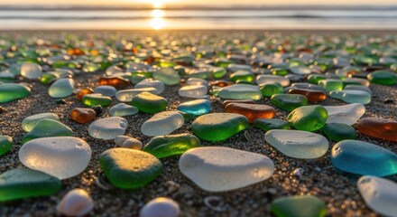 Sea Glass Sunset: Colorful Beach Gems at Golden Hour
