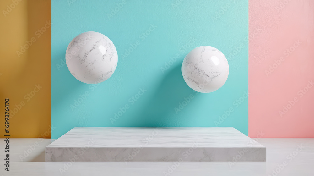 Poster floating spheres on colorful background create modern, artistic display