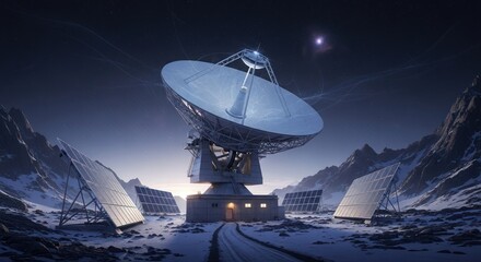 Radio Telescope in Snowy Mountains: A Serene Sci-Fi Landscape