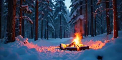 Cozy campfire scene at a winter campsite  Warm glow illuminates snow-covered trees and a crackling fire  Perfect for winter camping, outdoor adventures, and hygge vibes , winter camping,  tranquility
