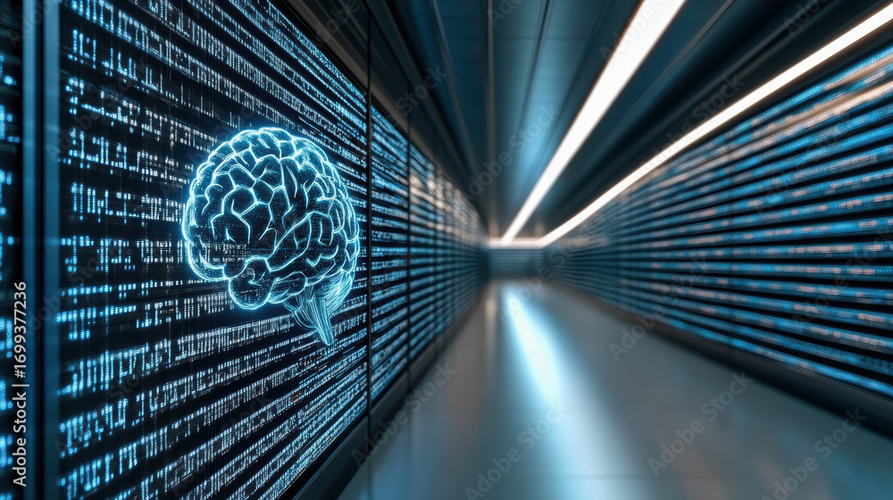 Aufkleber digital brain visualization futuristic corridor with data streams. scene evokes sense