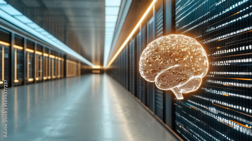 Poster digital brain with circuit patterns illuminates data center corridor filled with servers
