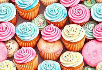Watercolor pastel cupcakes, sprinkles, and frosting in a repeating seamless pattern, design, retro
