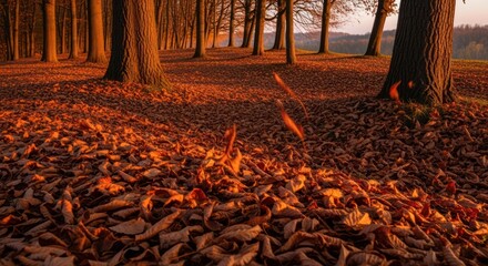 Autumnal Forest Floor: Golden Hour Leaves and Trees