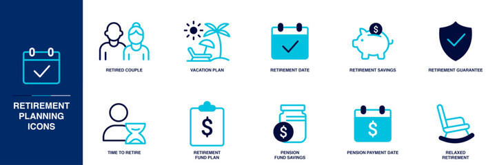 Retirement Planning Blue Colored Outline Icon Set