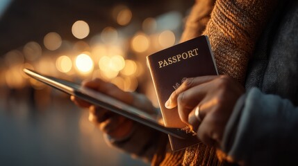 A person holding a passport and a tablet, ready for travel, with warm bokeh lights in the background.