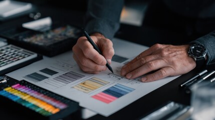 Creative Professional Sketching Design Concepts on Paper With Various Color Samples and Tools in Bright Workspace During Daylight Hours