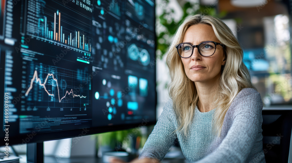 Poster data analyst working with real time analytics on large screen, focused and engaged