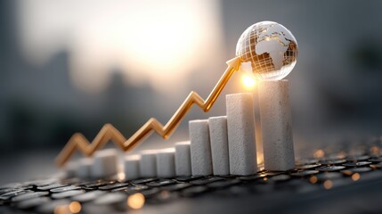 A rising gold arrow graph climbs over white cylindrical bars, culminating in a transparent globe, symbolizing global growth and economic progress.