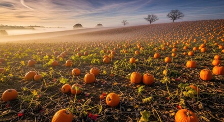 Misty Autumn Pumpkin Field: A Serene Harvest Scene