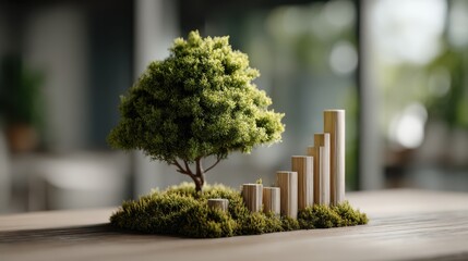 A miniature tree next to a wooden bar graph on moss represents growth, sustainability, and environmental progress.