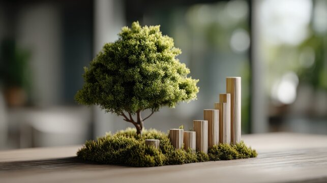 A miniature tree next to a wooden bar graph on moss represents growth, sustainability, and environmental progress.
