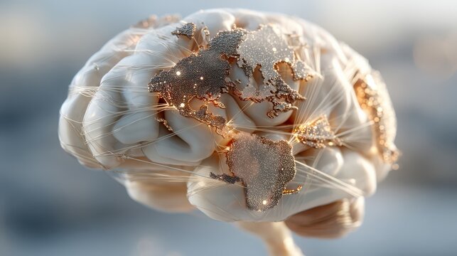 A digital illustration of a human brain with a glittering world map overlay, symbolizing global connectivity and intelligence.