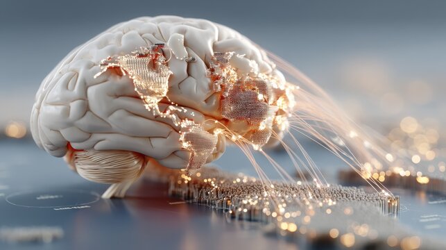 A digital brain with illuminated world map patterns and glowing neural connections representing global data flow and advanced artificial intelligence.