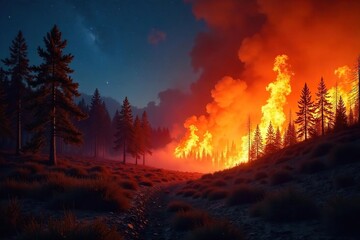 Fierce wildfire raging through a dry forest, consuming trees and underbrush, leaving behind a trail of destruction and smoke The intense flames illuminate the night sky , devastation, environment