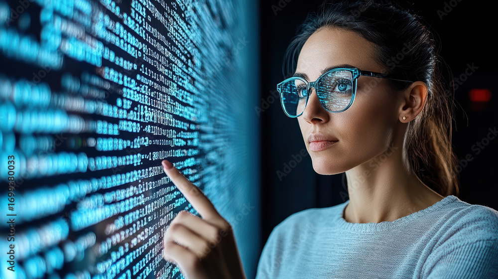 Poster cybersecurity engineer analyzes data flow on digital screen, showcasing focus and expertise
