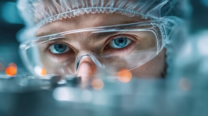 Close-up of a scientist wearing protective goggles and a hairnet, focused on laboratory test tubes with a blurred background of glowing lights.