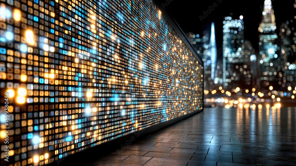 Aufkleber Bright digital display with colorful pixel patterns illuminating cityscape at night