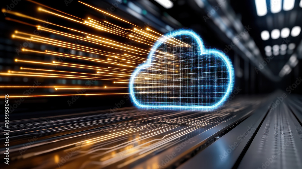 Poster digital cloud technology with glowing data streams creates futuristic atmosphere