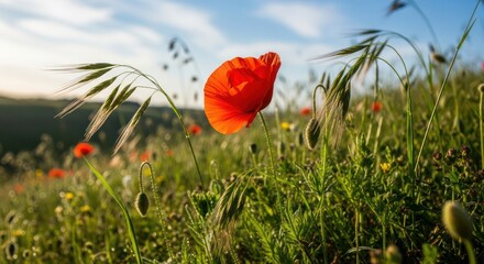 Vibrant Poppy in a Sunlit Wildflower Meadow: A Serene Pastoral Scene