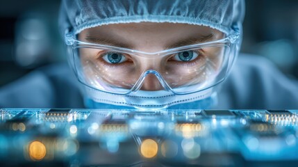 A scientist wearing protective gear closely examines a high-tech circuit board in a lab with intense focus.