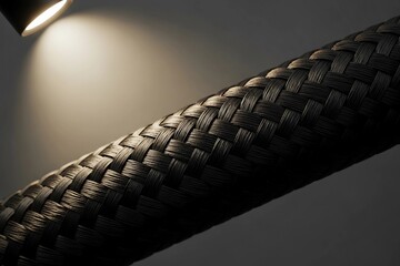 Close Up Black Braided Cable Texture Illuminated by Spotlight