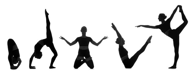 Silhouettes of young women practicing yoga on white background