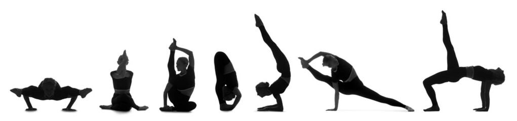 Silhouettes of young women practicing yoga on white background