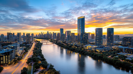 Fototapeta premium Stunning skyline at dawn with reflections on river, showcasing urban beauty and tranquility