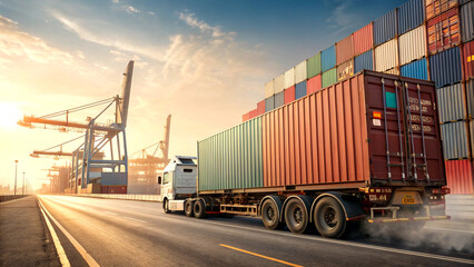 Container truck in motion highlighting global trade