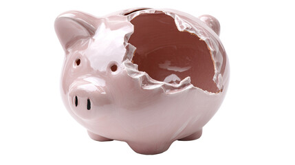A broken piggy bank, light pink ceramic, shows a large, ragged hole in its side