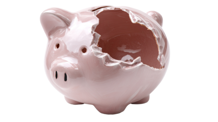 A broken piggy bank, light pink ceramic, shows a large, ragged hole in its side