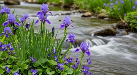Serene River Irises: A Peaceful Floral Scene