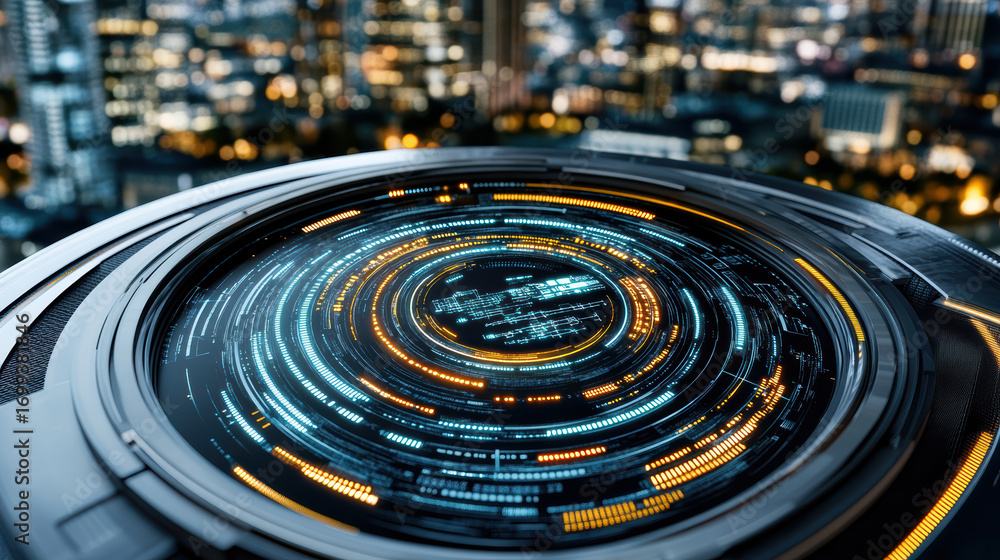 Poster Futuristic digital interface with glowing data points and circular patterns, showcasing