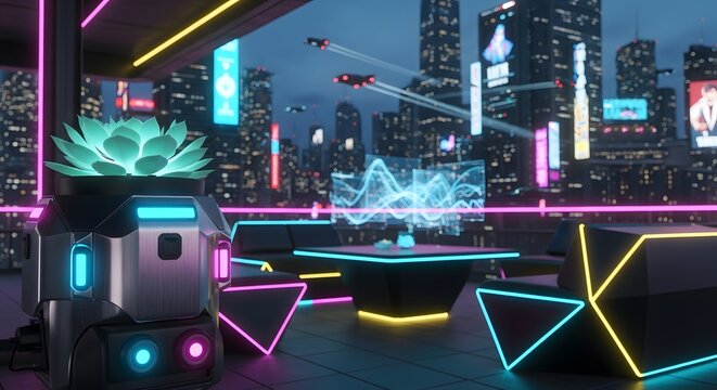 Futuristic rooftop lounge overlooking a vibrant neon cityscape at night. The scene features sleek, geometric furniture, glowing neon accents, and a holographic display.