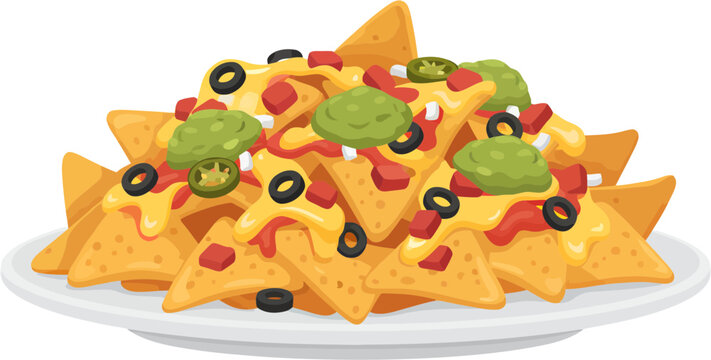 nachos with cheese, guacamole, olives on plate clip art preview