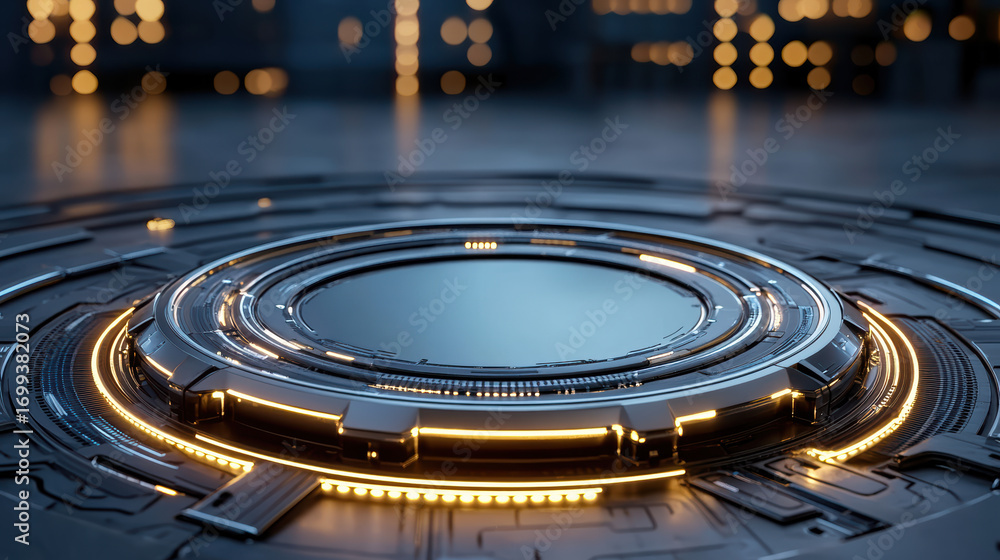 Poster futuristic interface design with glowing accents on sleek surface, creating high tech atmosphere